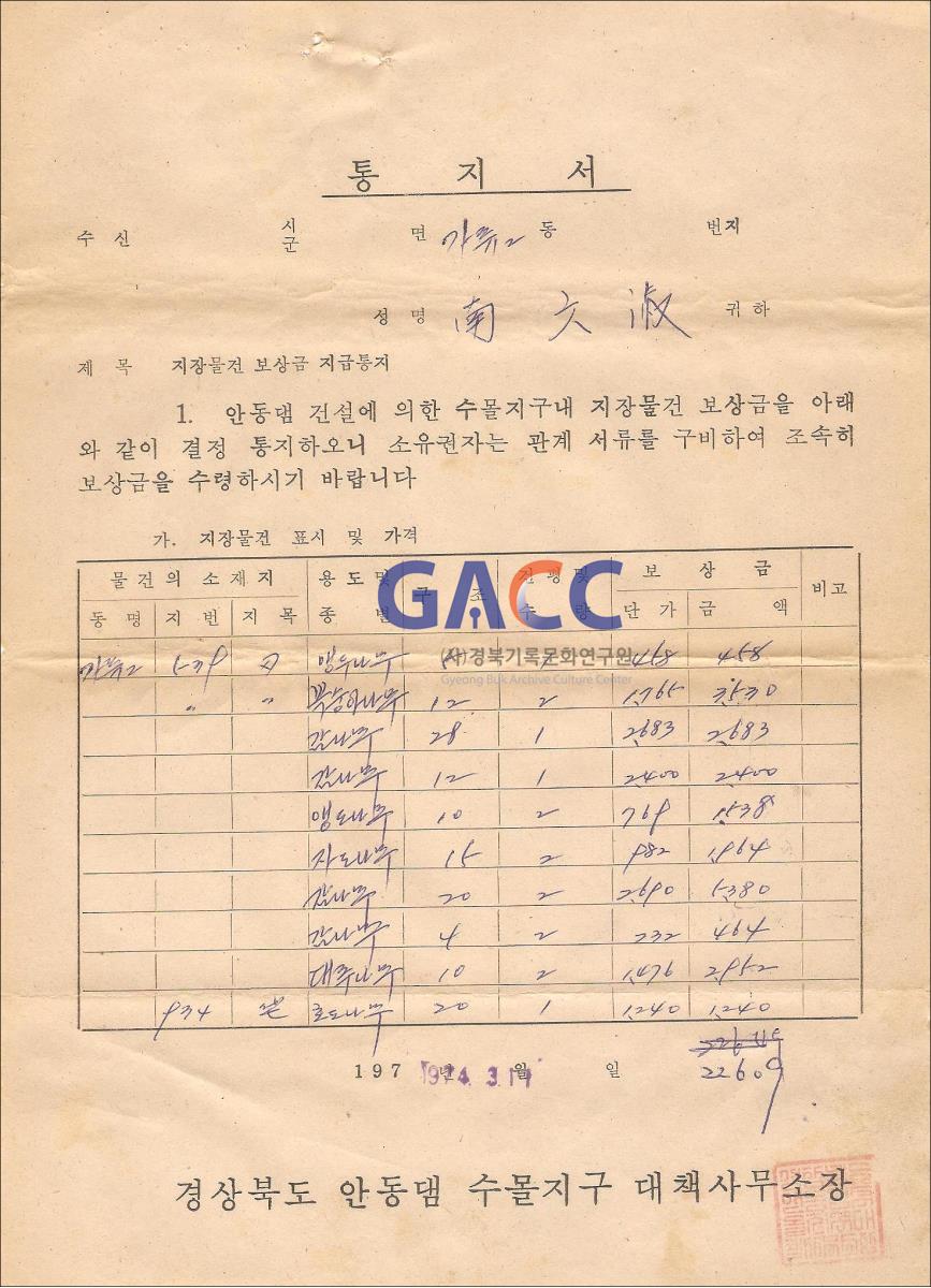안동댐 수몰지구 월곡면 가류2동 토지가격 통지서 작은그림